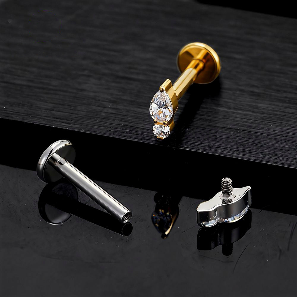 Manek° Piercing de labret  ASTM F136 de titanio 16G con rosca interna, gota de agua, circonita cúbica , ideal para hélix, concha, cartílago, tragus y parte posterior plana 16G.