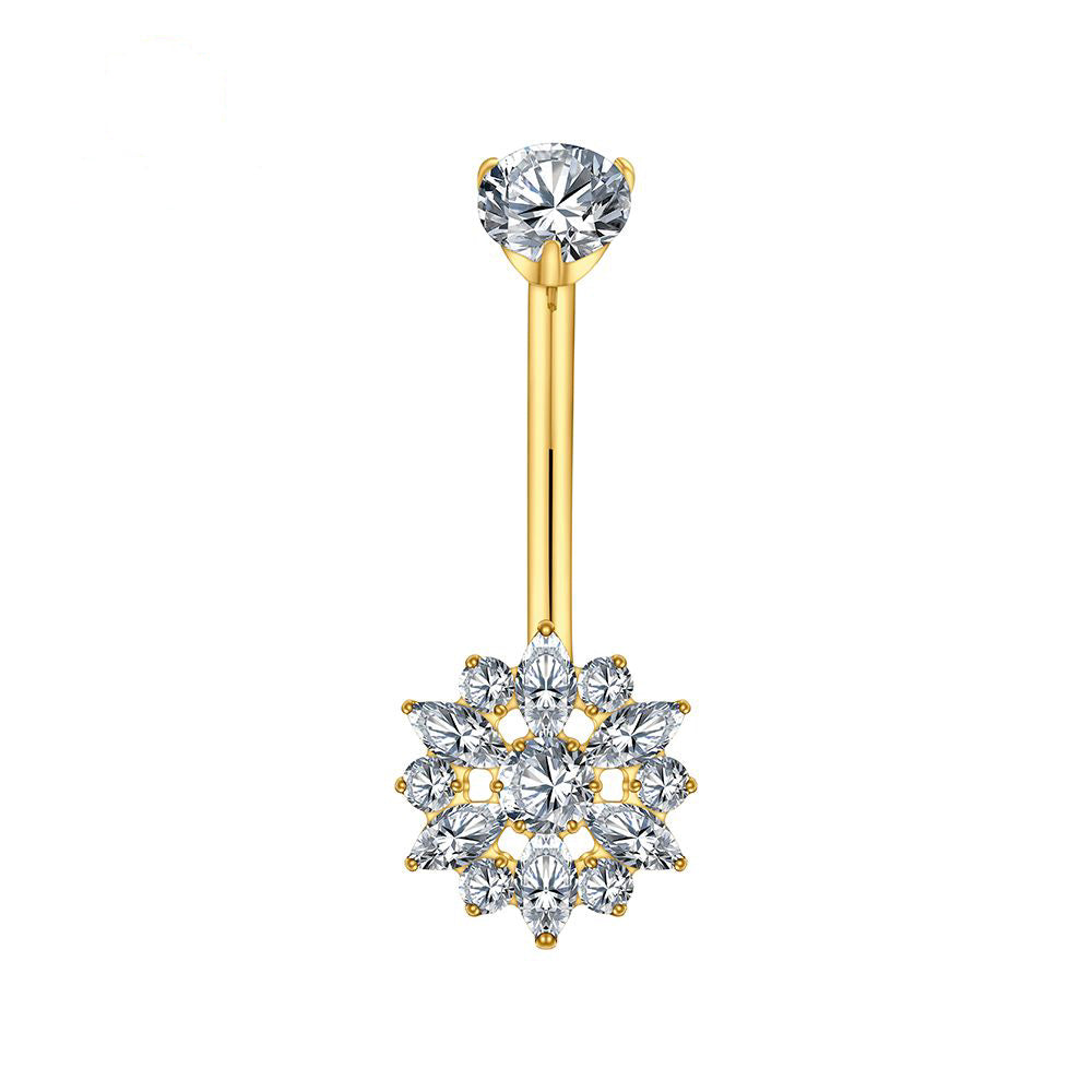 Manek° Piercing para ombligo ASTM F136 de titanio con forma de flor marquesa y circonitas cúbicas , con barra curva roscada 14G.