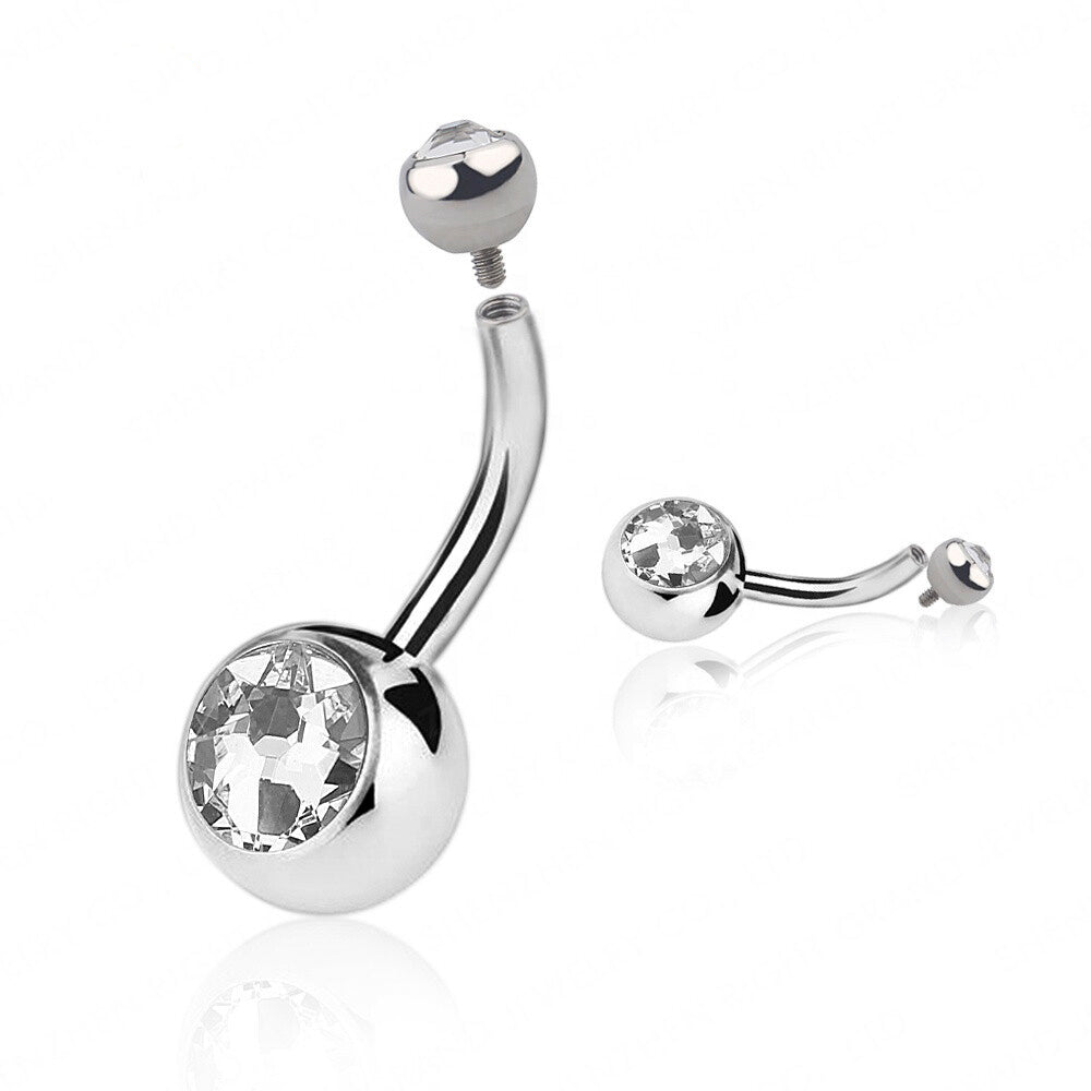 Manek° Piercing ombligo curvo transparente de titanio de grado implante con circonita cúbica transparente, rosca interna 14G.
