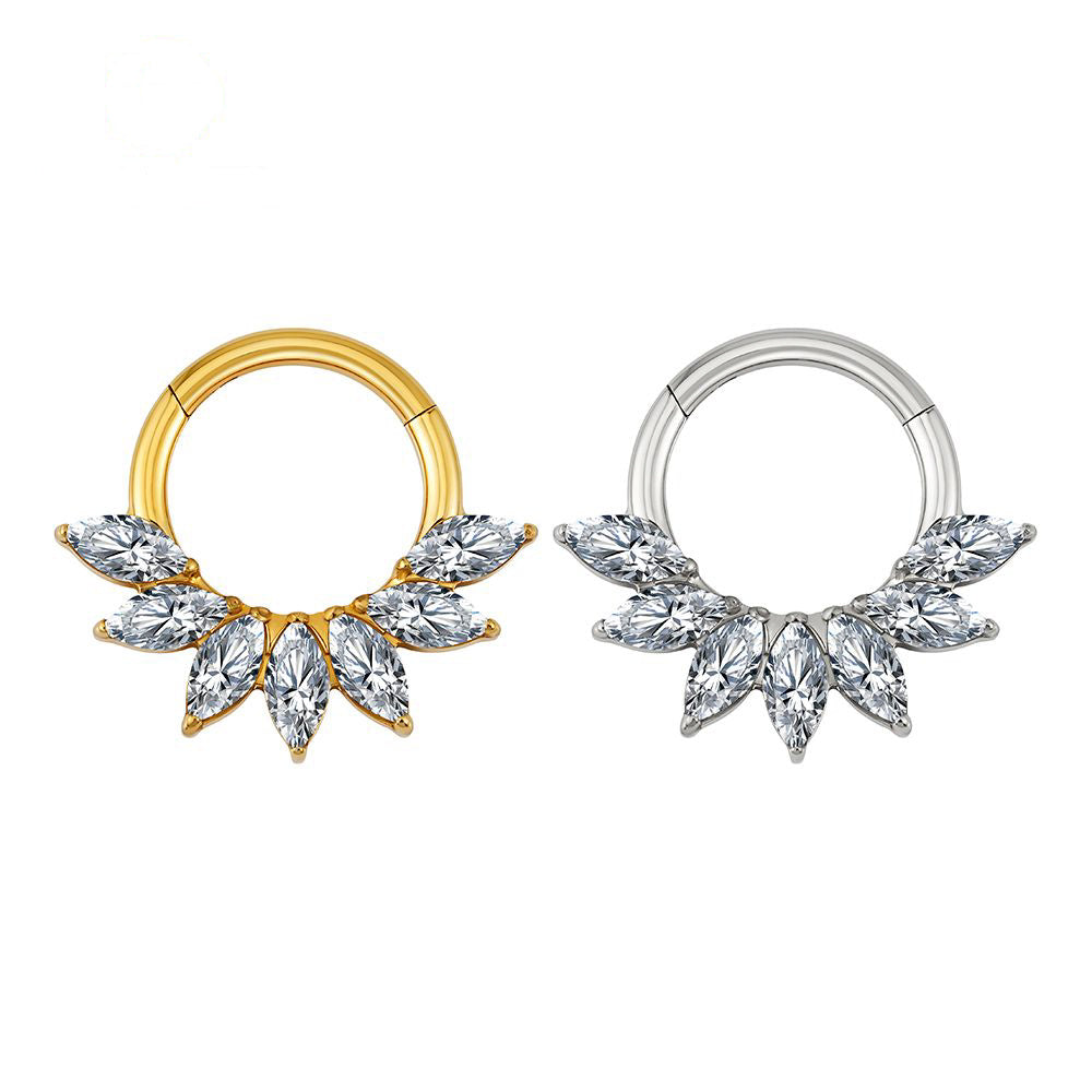 Manek° Aro de nariz articulado con segmento de circonita cúbica marquesa ASTM F136 de titanio para piercing de septum, cartílago y daith 16G.