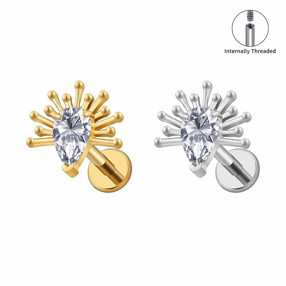 Manek° rosca interna de titanio ASTM F136, diseño de chispa en forma de lágrima con circonita cúbica, para piercing de hélix, tragus, cartílago o labio 16G.