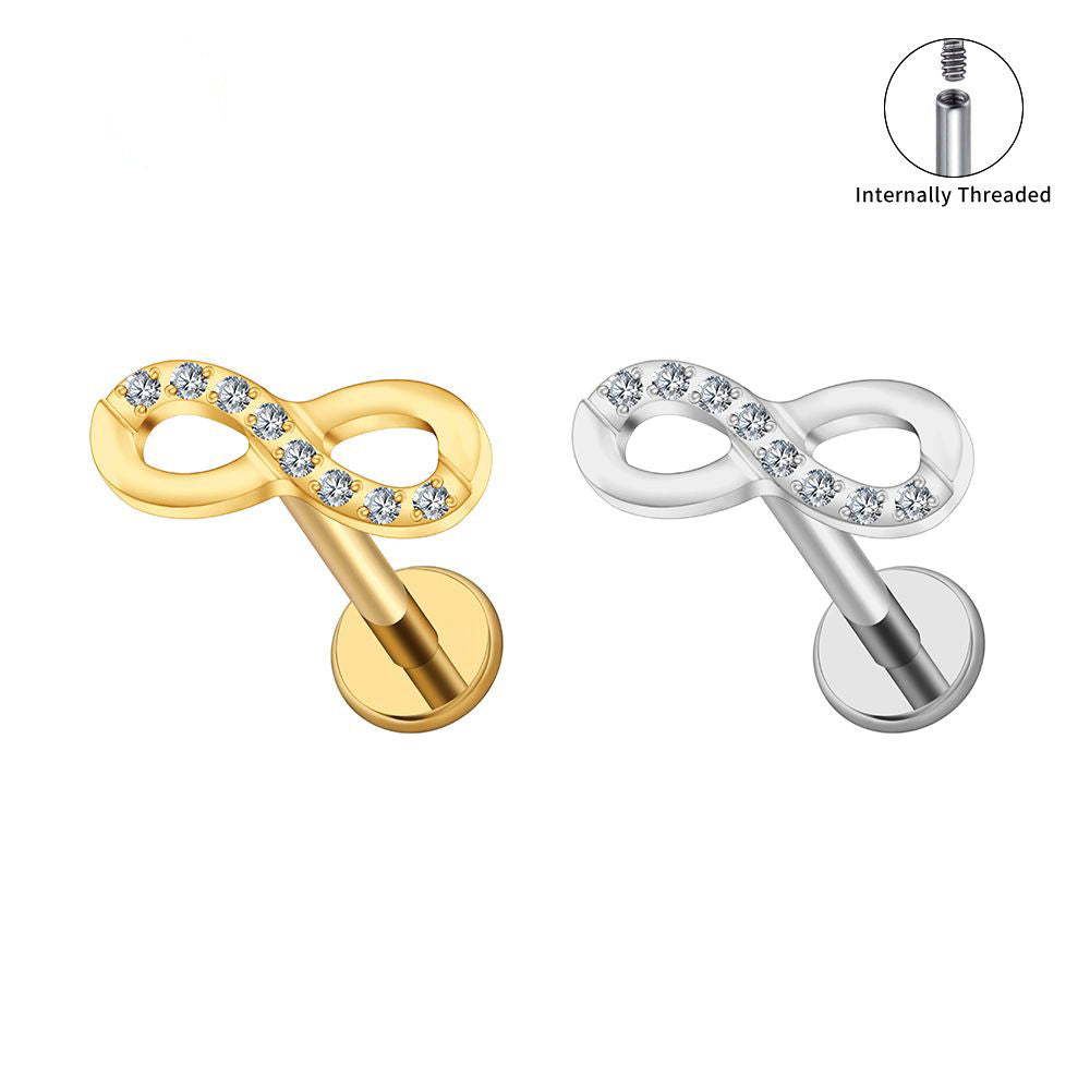 Manek° Pendiente ASTM F136 de titanio con rosca interna y símbolo de infinito de circonita cúbica, para cartílago, hélix, tragus, labret y piercing de parte trasera plana 16G.