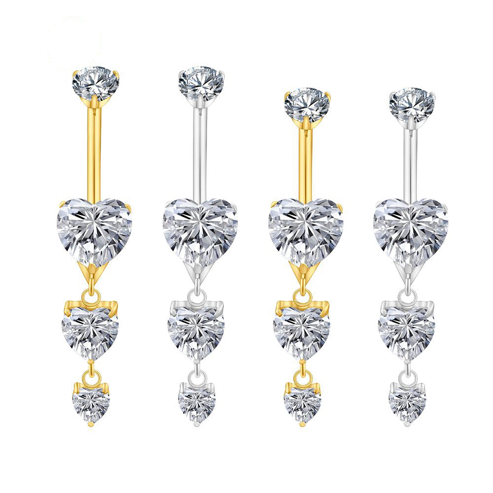 Manek° Piercing para ombligo  ASTM F136 de titanio con triple colgante en forma de corazón y circonitas cúbicas, calibre 14G, con barra curva roscada.