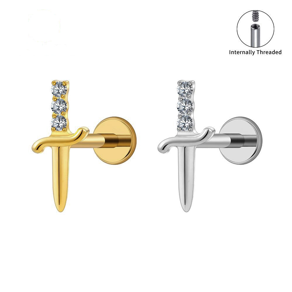 Manek° forma de espada, rosca interna de titanio ASTM F136, para piercing de hélice, tragus, cartílago y labio 16G.