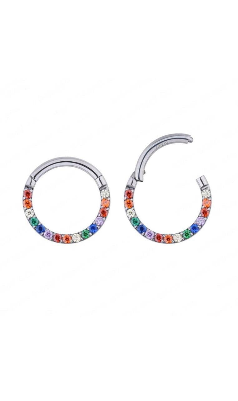 Manek° Piercing nasal de segmento articulado  ASTM F136 de titanio de grado implante con circonitas cúbicas arcoíris 16G.