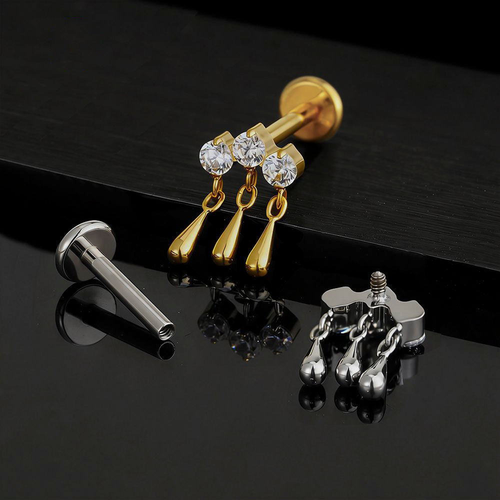 Manek° Pendiente de cartílago, hélix, tragus y nariz  ASTM F136 de titanio con rosca interna, triple circonita cúbica, colgante en forma de gota de agua, pendiente plano 16G.