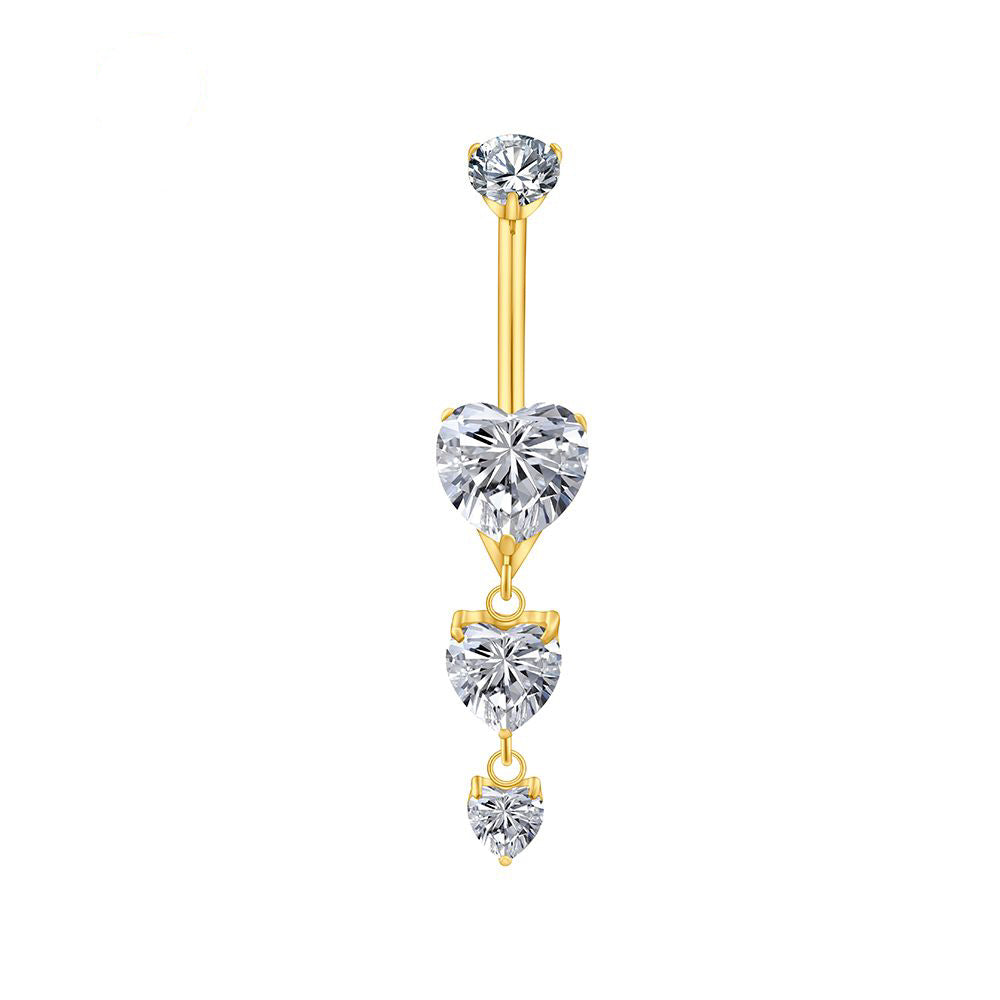 Manek° Piercing para ombligo  ASTM F136 de titanio con triple colgante en forma de corazón y circonitas cúbicas, calibre 14G, con barra curva roscada.
