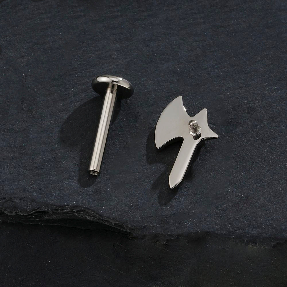Manek° forma de hacha de titanio ASTM F136 con rosca interna y circonitas cúbicas,  para cartílago, hélix, tragus, labret y labio 16 G,