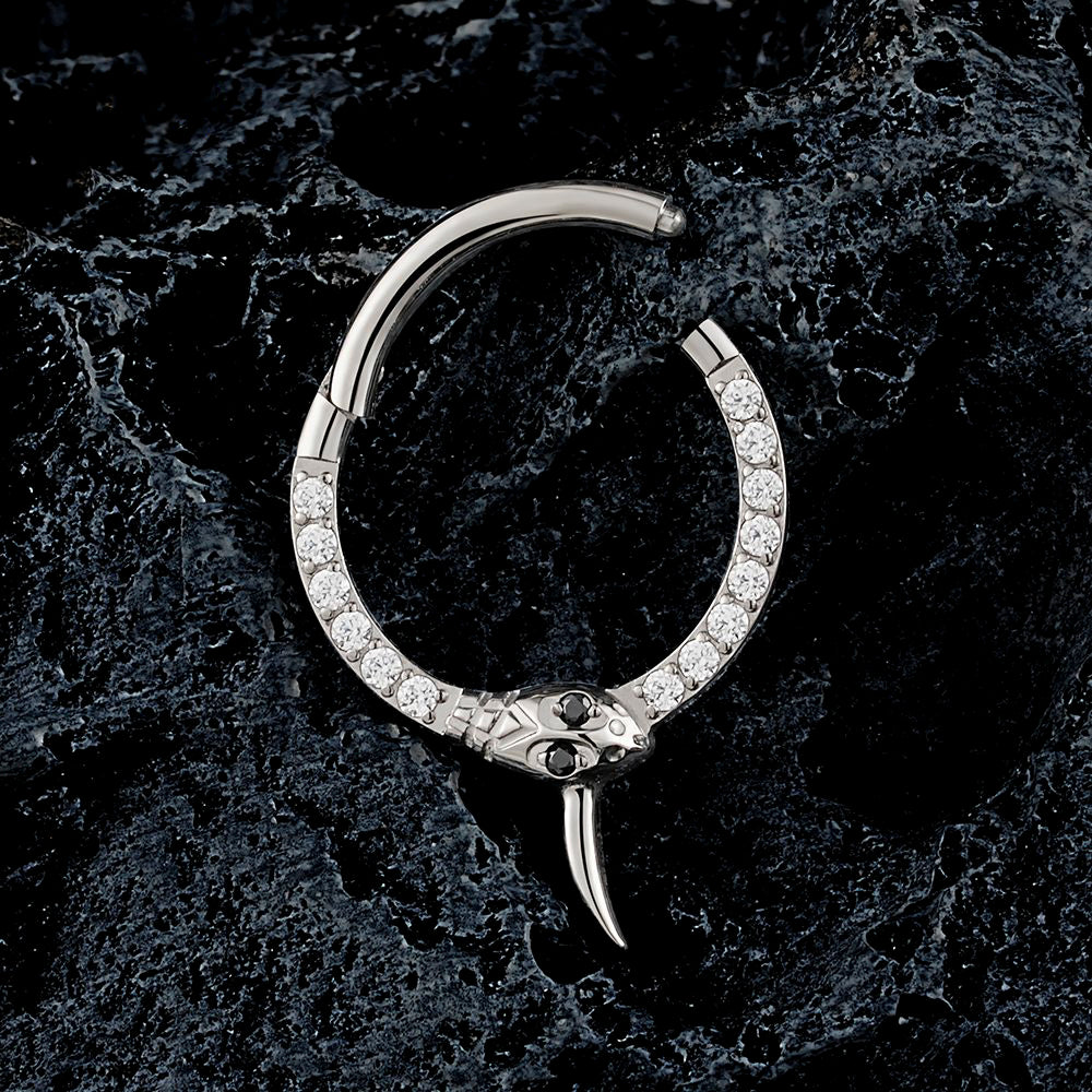 Manek° ASTM F136 de titanio con forma de serpiente y circonitas, con bisagra, tipo clicker, para nariz, 8 mm, 10 mm, para daith, 16G.