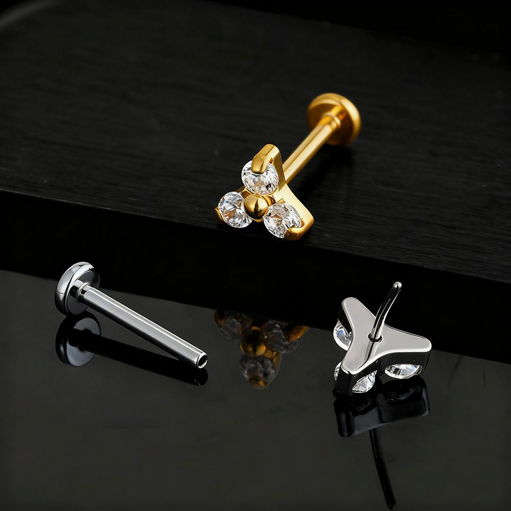 Manek° Labret de tragus Push Pin, grado de implante grande derecho ASTM F136, titanio Trinity Flower CZ Gem 18G.