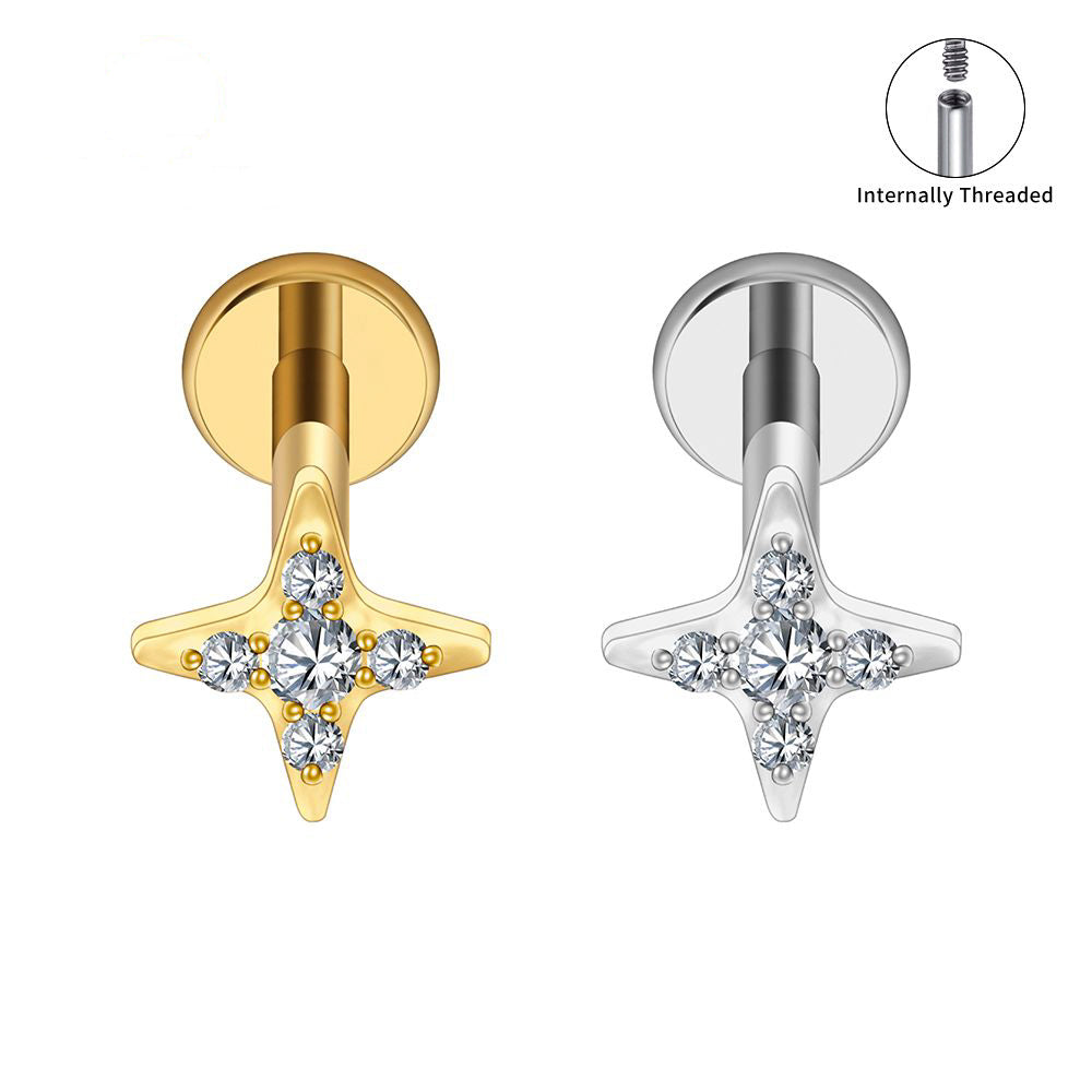 Manek° Pendiente de titanio ASTM F136 con rosca interna y circonita cúbica en forma de estrella,  para piercings en hélix, tragus, cartílago, labret y Monroe 16G.