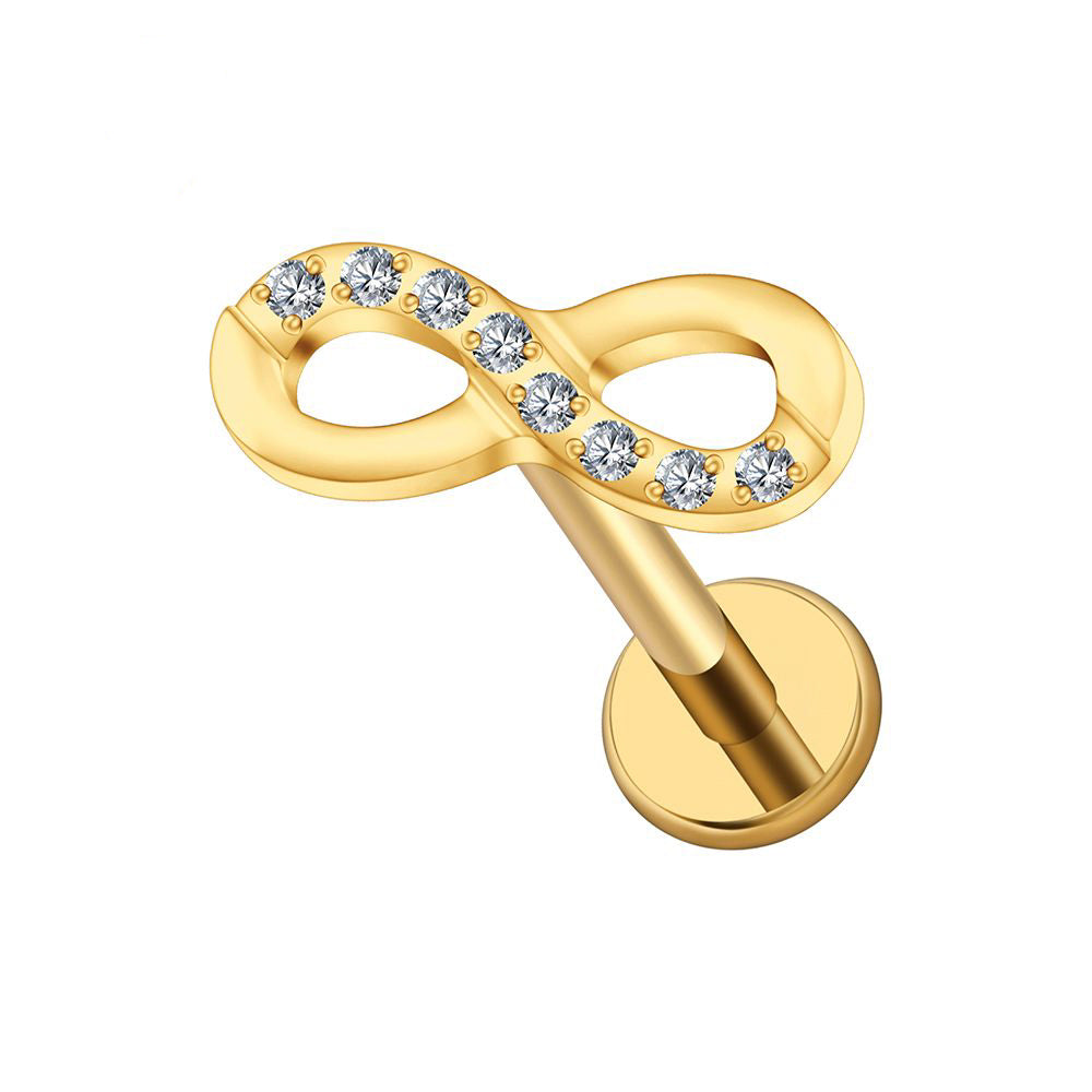 Manek° Pendiente ASTM F136 de titanio con rosca interna y símbolo de infinito de circonita cúbica, para cartílago, hélix, tragus, labret y piercing de parte trasera plana 16G.
