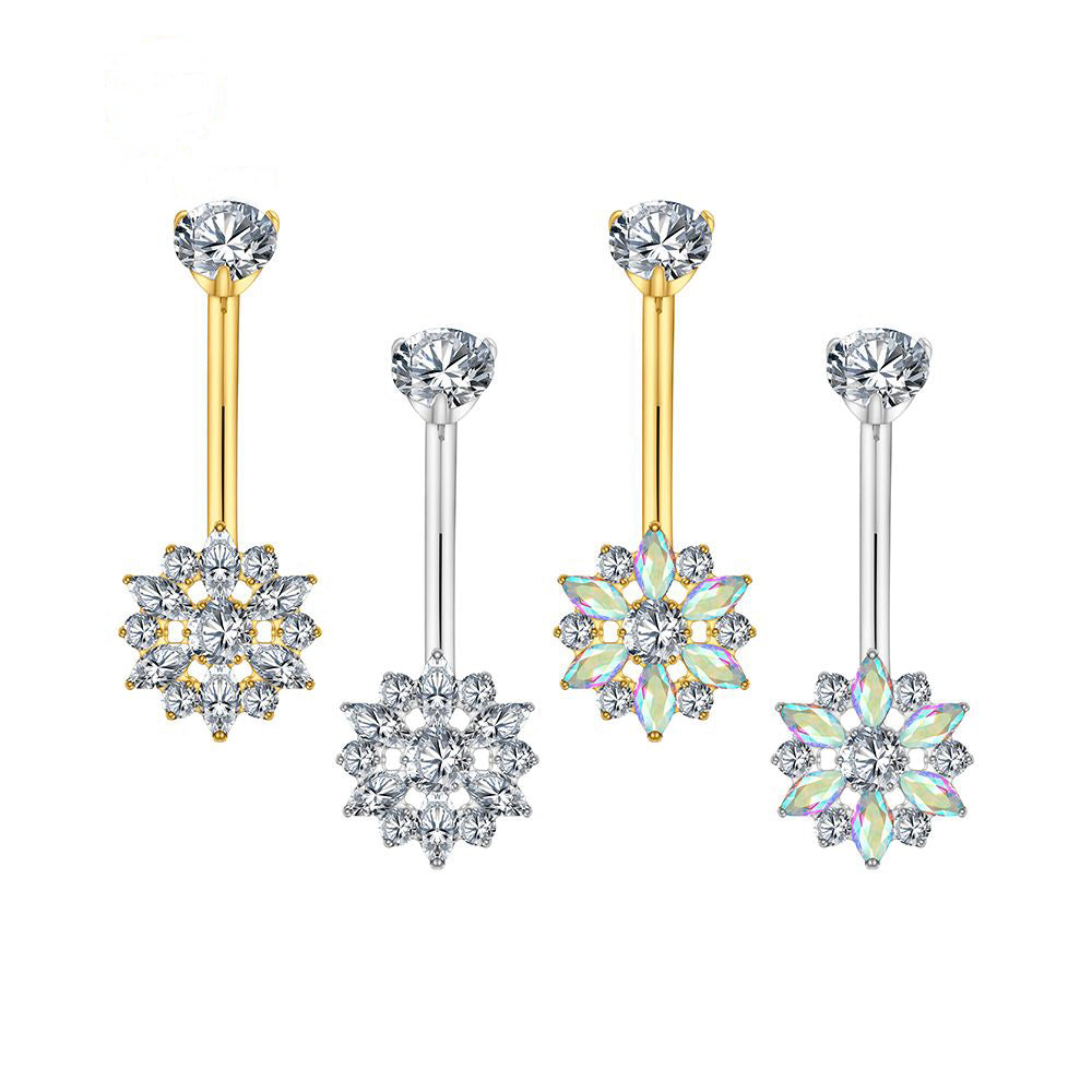 Manek° Piercing para ombligo ASTM F136 de titanio con forma de flor marquesa y circonitas cúbicas , con barra curva roscada 14G.