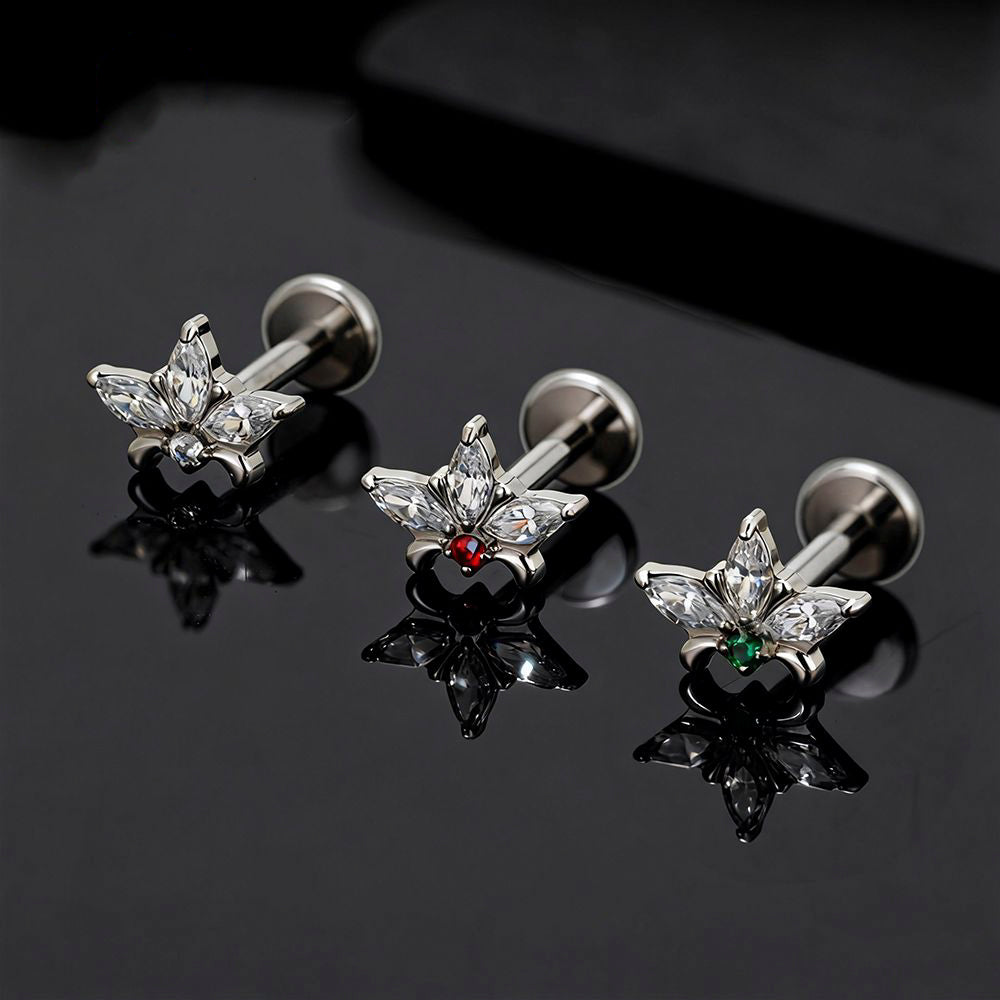 Manek° Piercing de labret  ASTM F136 de titanio con rosca interna, triple marquesa, flor, circonita cúbica, piedra lunar, hélix, concha, cartílago, tragus y parte posterior plana 16G.