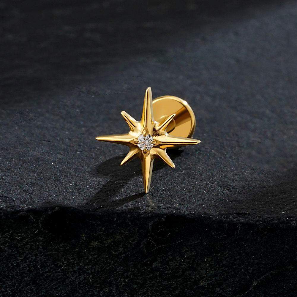 Manek° Piercing Estrella vega ASTM F136 de titanio rosca interna y circonitas cúbicas brillantes, ideal para labret, cartílago, tragus, hélix, conch o lóbulo 16G.