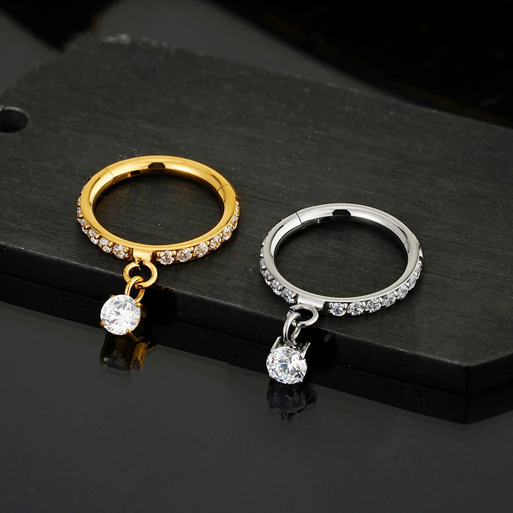 Manek° Anillo de aro con cierre de clic, colgante, articulado, de titanio ASTM F136 con circonitas cúbicas, ideal para piercing daith, septum o nariz 16G.