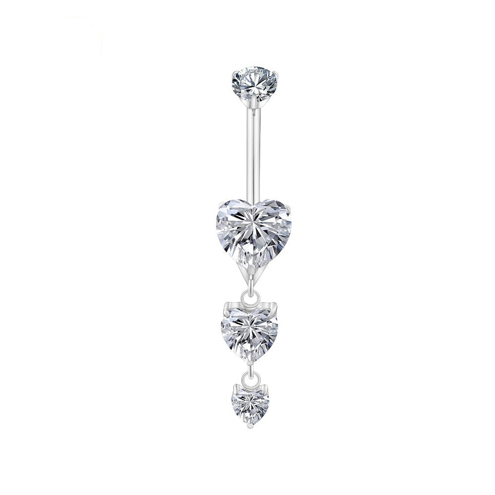 Manek° Piercing para ombligo  ASTM F136 de titanio con triple colgante en forma de corazón y circonitas cúbicas, calibre 14G, con barra curva roscada.