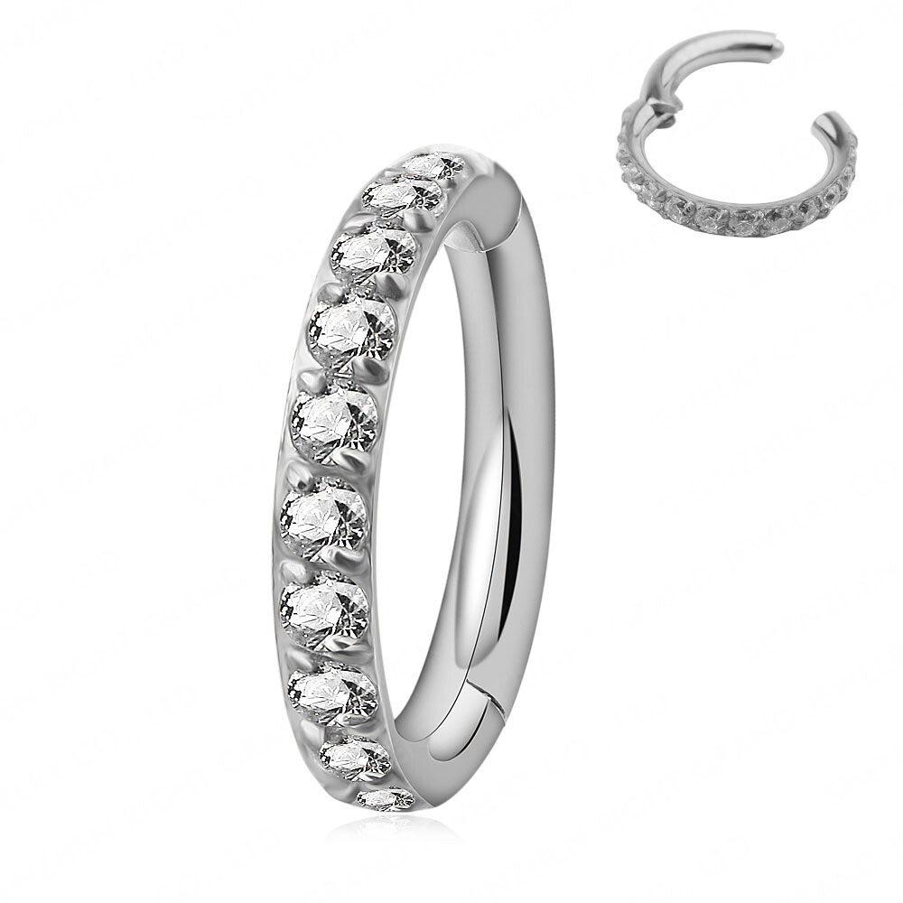 Manek° Anillo de nariz con cierre de clic y engaste de garra de titanio de grado implante, circonita cúbica pavimentada para piercing 16G.