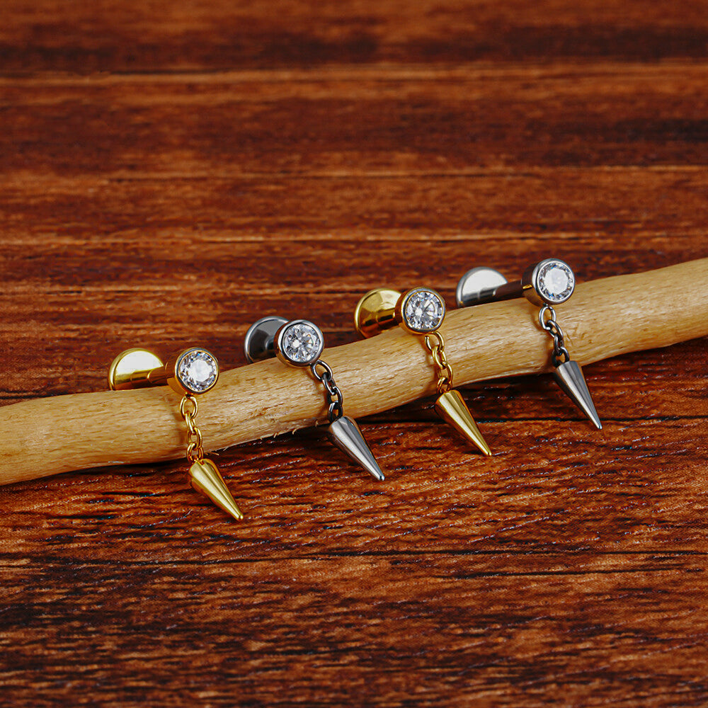 Manek° Pendiente con bisel de titanio ASTM F136 derecho, colgante de cono con circonitas cúbicas, pendiente de conch, hélix, tragus, espiga, cadena, pendiente colgante 16G.