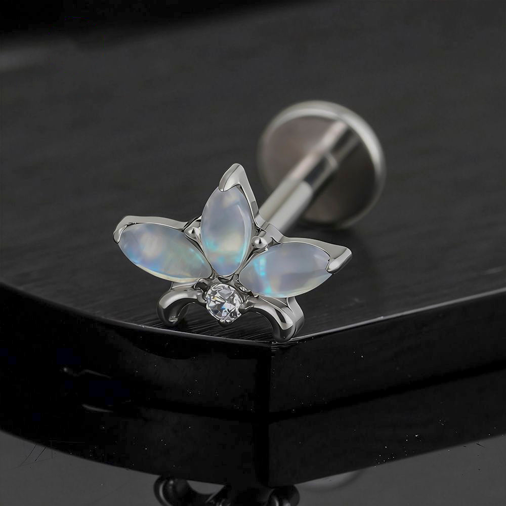 Manek° Piercing de labret  ASTM F136 de titanio con rosca interna, triple marquesa, flor, circonita cúbica, piedra lunar, hélix, concha, cartílago, tragus y parte posterior plana 16G.