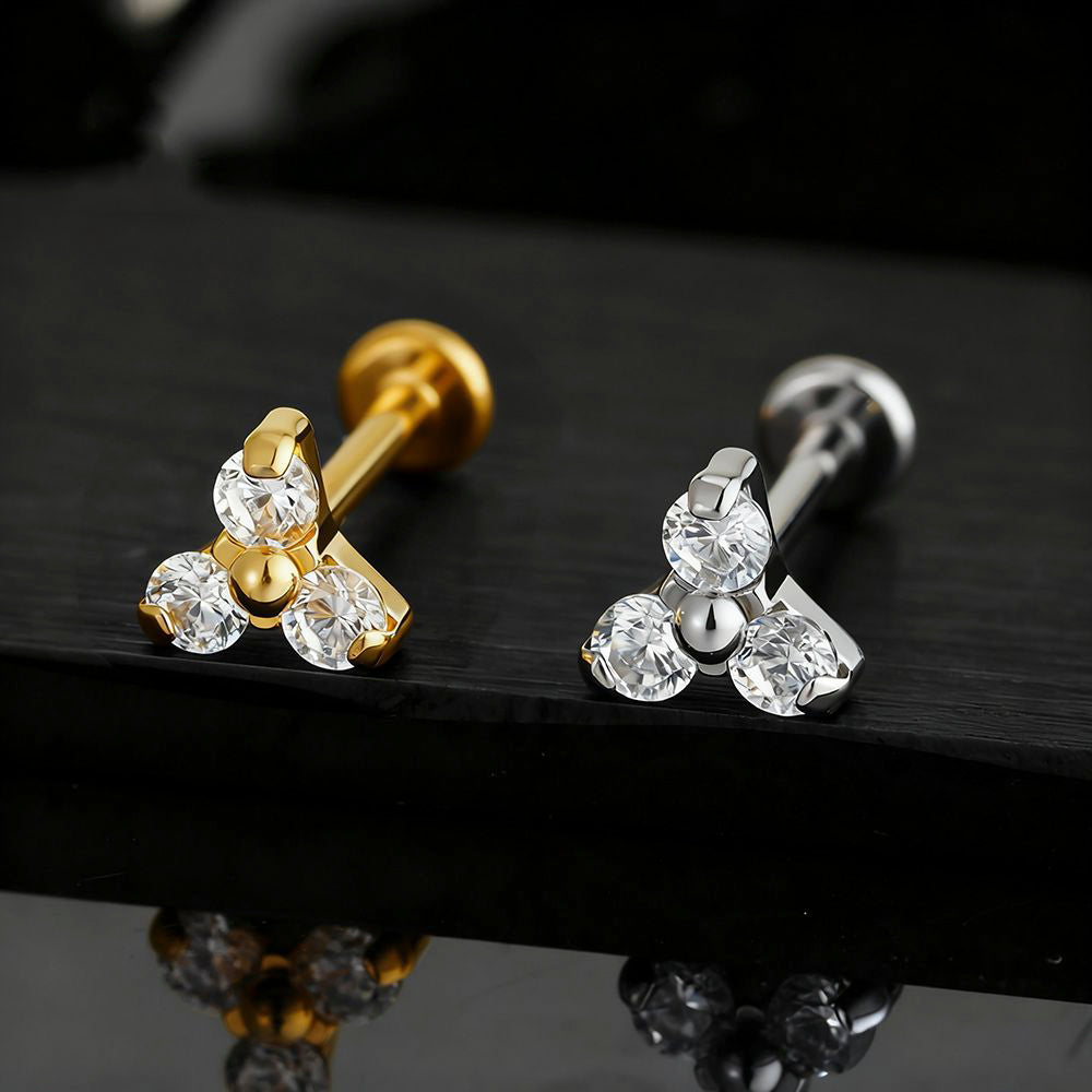 Manek° Labret de tragus Push Pin, grado de implante grande derecho ASTM F136, titanio Trinity Flower CZ Gem 18G.