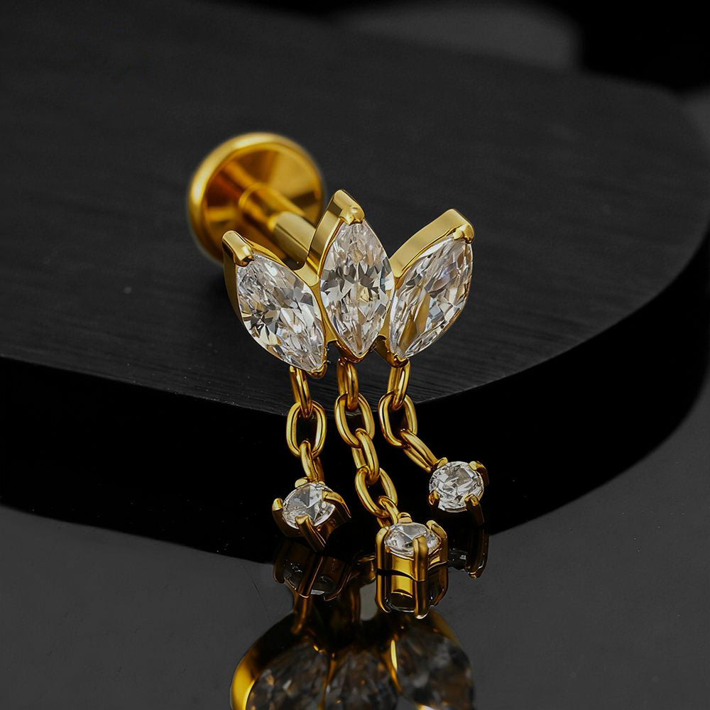 Piercing de labret, hélice, cartílago, tragus, parte trasera plana,  rosca interna, triple marquesa, cadena, pendiente, ASTM F136, ASTM F136, rosca interna, triple marquesa, circonita cúbica 16G.