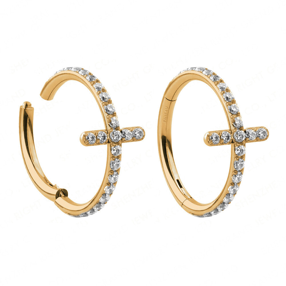 Manek° Anillo en clic ASTM F136 de titanio con circonita ,  diseño en Cruz para helix o conch 16G