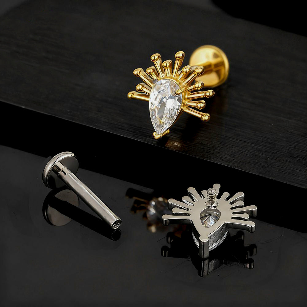 Manek° rosca interna de titanio ASTM F136, diseño de chispa en forma de lágrima con circonita cúbica, para piercing de hélix, tragus, cartílago o labio 16G.