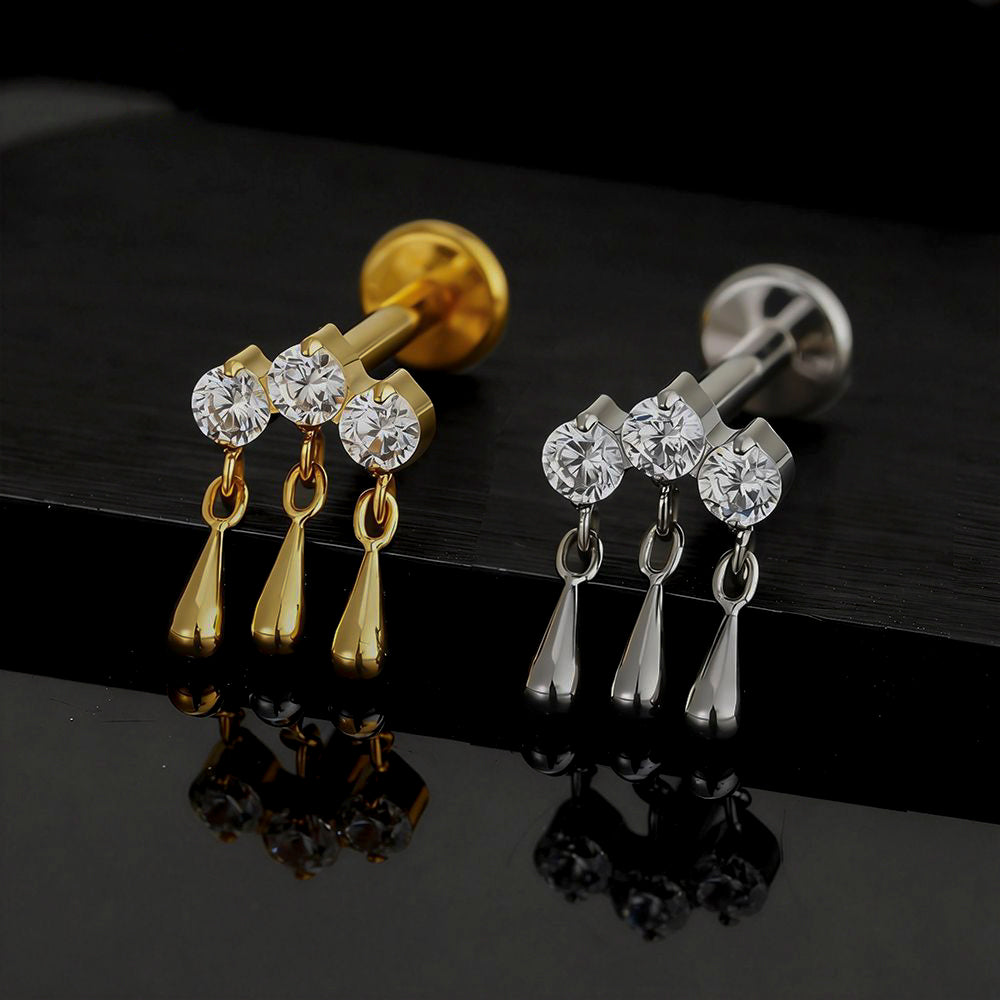 Manek° Pendiente de cartílago, hélix, tragus y nariz  ASTM F136 de titanio con rosca interna, triple circonita cúbica, colgante en forma de gota de agua, pendiente plano 16G.