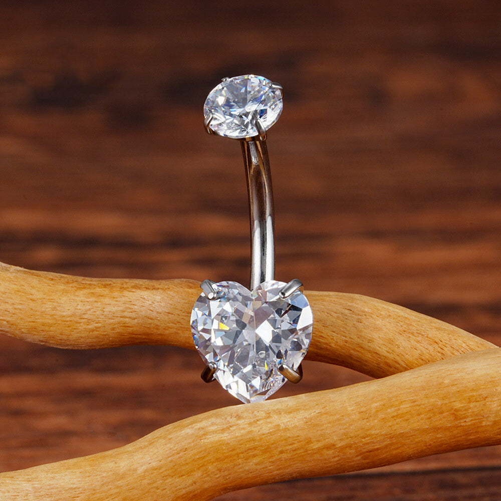 Manek° Piercing para ombligo ASTM F136 de titanio, con forma de corazón y circonitas cúbicas. Joyería para piercing corporal 14G.