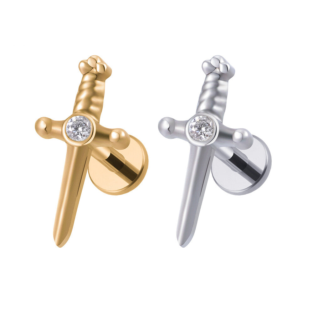 Manek° Pendiente de espada de titanio ASTM F136  con rosca interna y circonita cúbica, labret, daga, piercing para tragus, hélix y cartílago 16G.