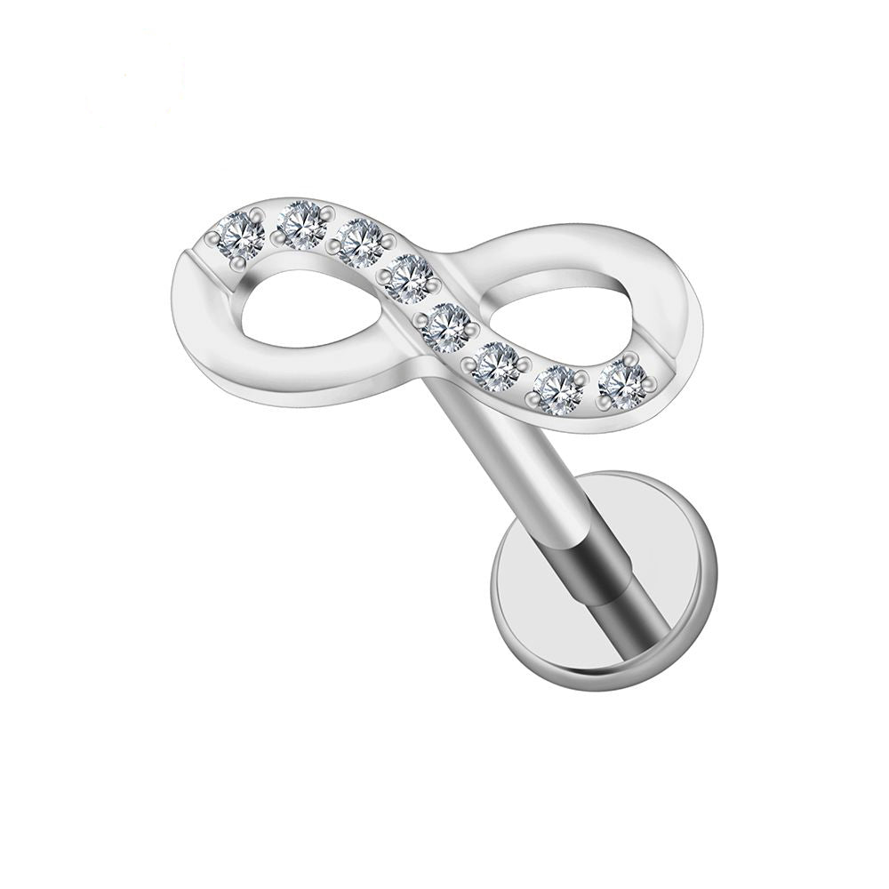 Manek° Pendiente ASTM F136 de titanio con rosca interna y símbolo de infinito de circonita cúbica, para cartílago, hélix, tragus, labret y piercing de parte trasera plana 16G.