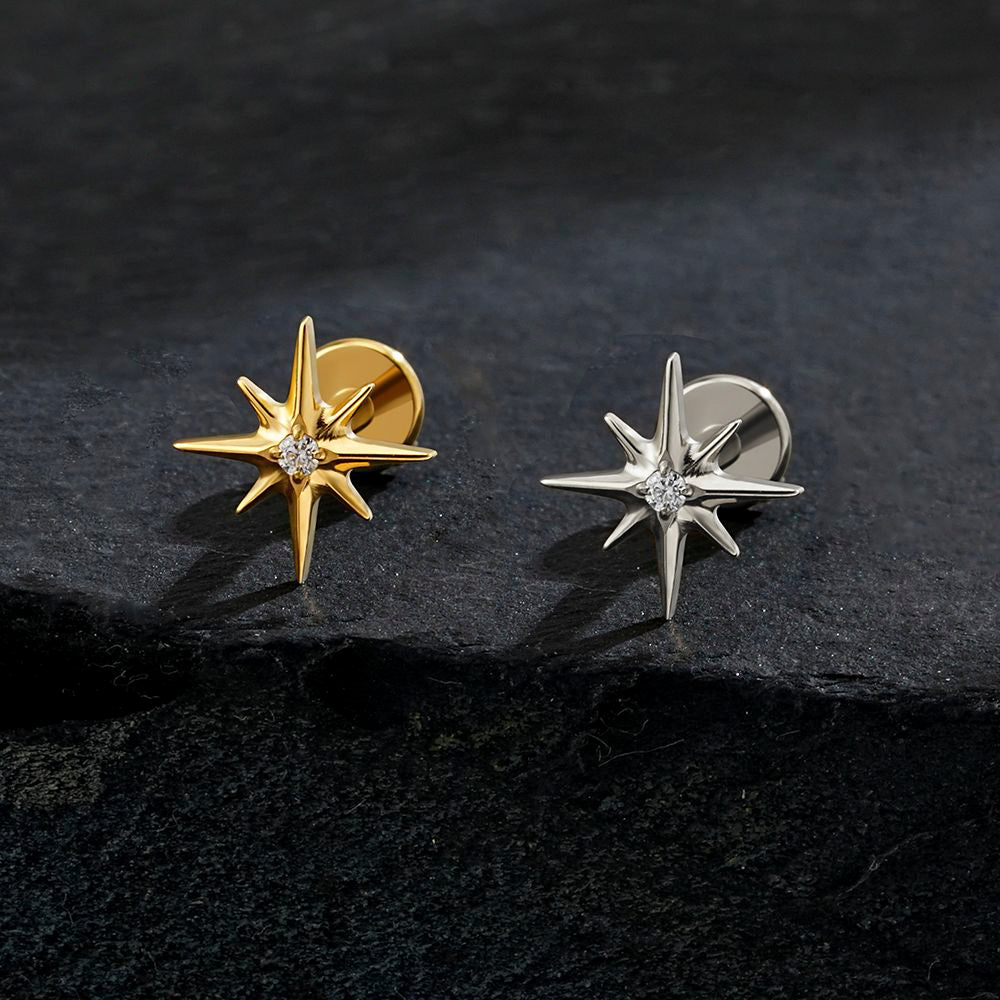 Manek° Piercing Estrella vega ASTM F136 de titanio rosca interna y circonitas cúbicas brillantes, ideal para labret, cartílago, tragus, hélix, conch o lóbulo 16G.