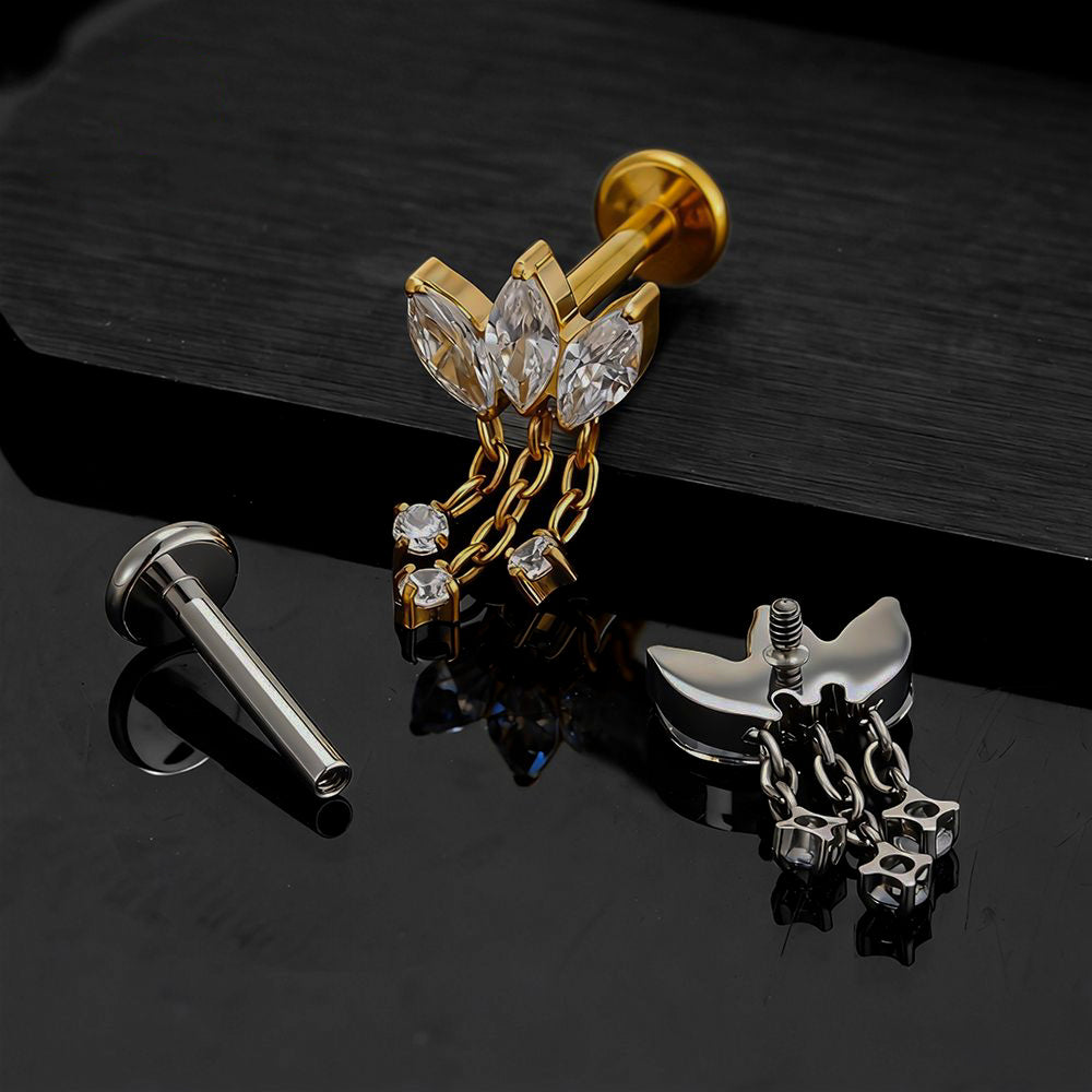 Piercing de labret, hélice, cartílago, tragus, parte trasera plana,  rosca interna, triple marquesa, cadena, pendiente, ASTM F136, ASTM F136, rosca interna, triple marquesa, circonita cúbica 16G.