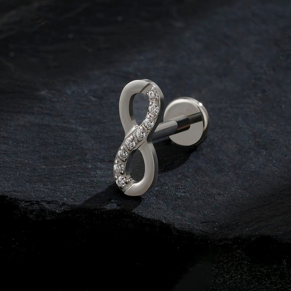 Manek° Pendiente ASTM F136 de titanio con rosca interna y símbolo de infinito de circonita cúbica, para cartílago, hélix, tragus, labret y piercing de parte trasera plana 16G.