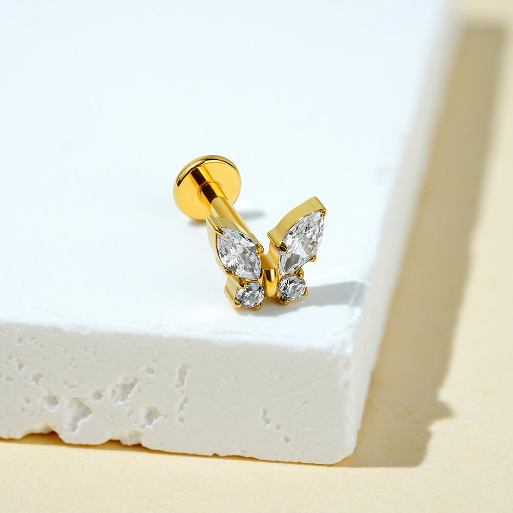 Manek° Piercing de oreja, tragus, hélix y labret, Grand CZ Butterfly ASTM F136 de titanio con rosca interna y circonita cúbica, para oreja derecha 16G.