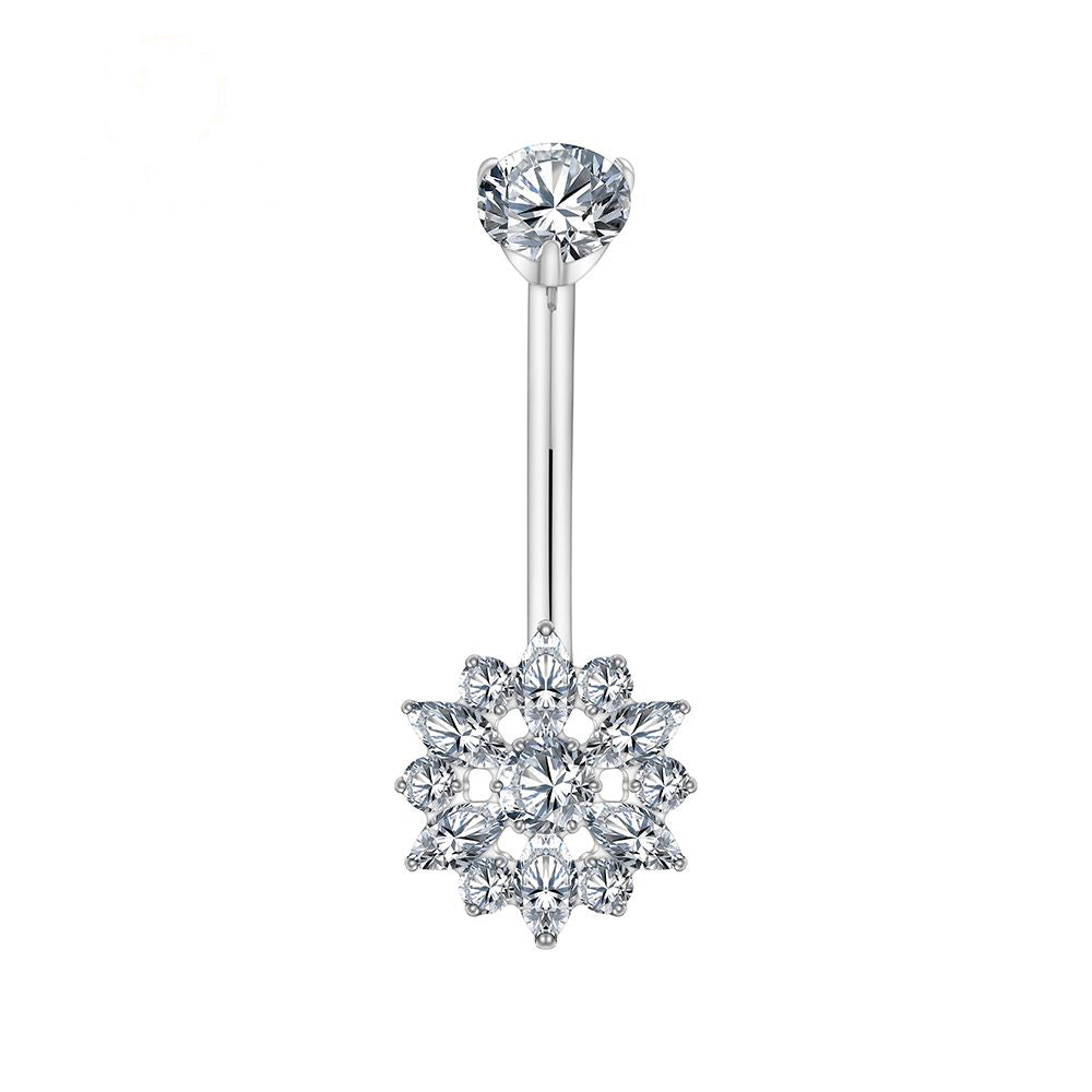 Manek° Piercing para ombligo ASTM F136 de titanio con forma de flor marquesa y circonitas cúbicas , con barra curva roscada 14G.
