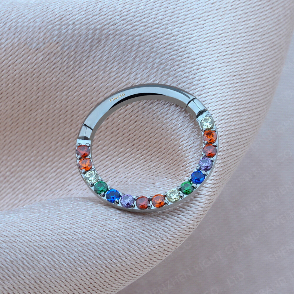 Manek° Piercing nasal de segmento articulado  ASTM F136 de titanio de grado implante con circonitas cúbicas arcoíris 16G.