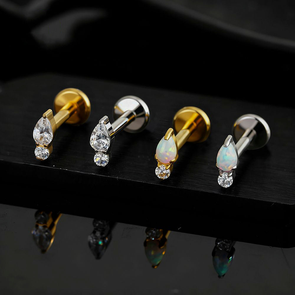 Manek° Piercing de labret  ASTM F136 de titanio 16G con rosca interna, gota de agua, circonita cúbica , ideal para hélix, concha, cartílago, tragus y parte posterior plana 16G.