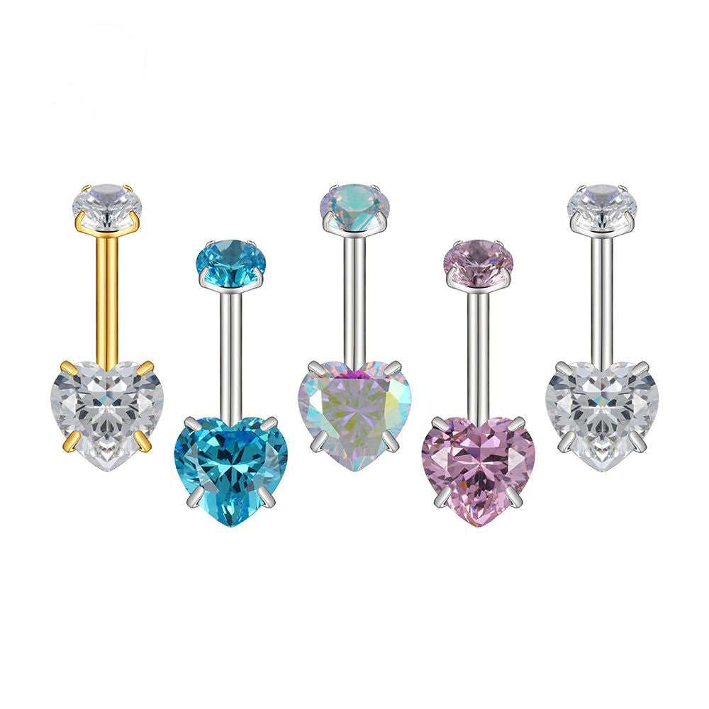 Manek° Piercing para ombligo ASTM F136 de titanio, con forma de corazón y circonitas cúbicas. Joyería para piercing corporal 14G.