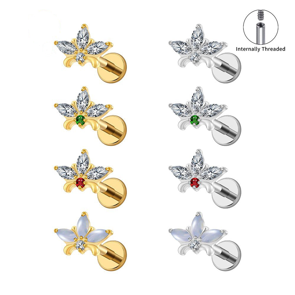 Manek° Piercing de labret  ASTM F136 de titanio con rosca interna, triple marquesa, flor, circonita cúbica, piedra lunar, hélix, concha, cartílago, tragus y parte posterior plana 16G.