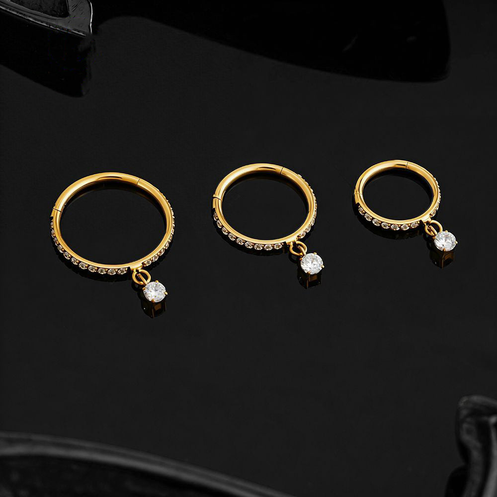 Manek° Anillo de aro con cierre de clic, colgante, articulado, de titanio ASTM F136 con circonitas cúbicas, ideal para piercing daith, septum o nariz 16G.