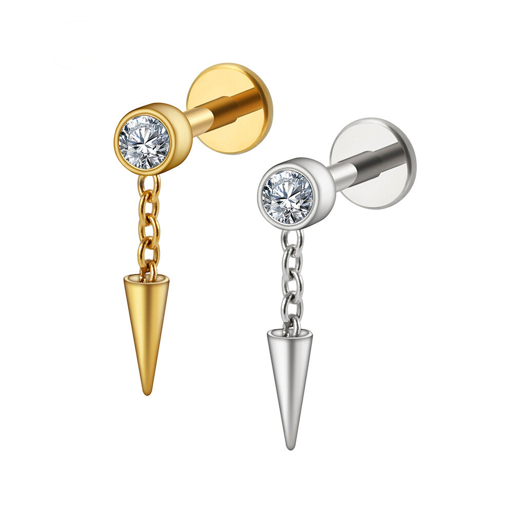 Manek° Pendiente con bisel de titanio ASTM F136 derecho, colgante de cono con circonitas cúbicas, pendiente de conch, hélix, tragus, espiga, cadena, pendiente colgante 16G.