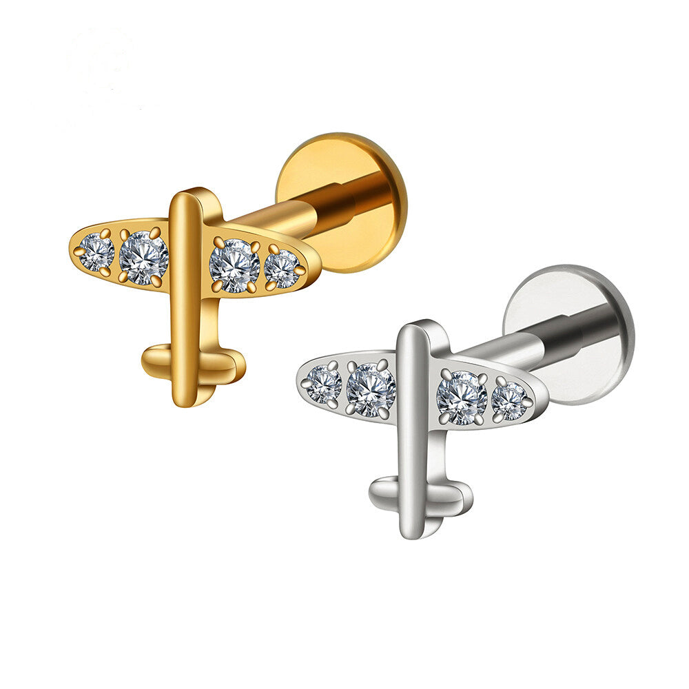 Manek° Piercing pequeño de avión minimalista de titanio ASTM F136 rosca interna y circonita cúbica, ideal para perforaciones en el tragus, cartílago, hélix y rook 16G.