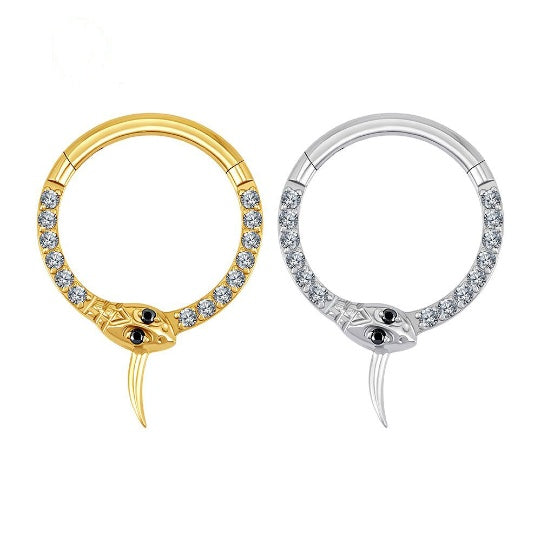 Manek° ASTM F136 de titanio con forma de serpiente y circonitas, con bisagra, tipo clicker, para nariz, 8 mm, 10 mm, para daith, 16G.