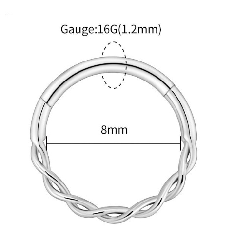 Manek° Anillo de clic de segmento retorcido de titanio ASTM F136,  trenzado, para septum, daith y cartílago 16G.