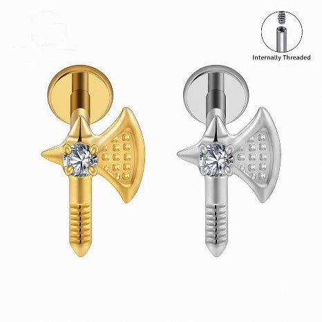 Manek° forma de hacha de titanio ASTM F136 con rosca interna y circonitas cúbicas,  para cartílago, hélix, tragus, labret y labio 16 G,